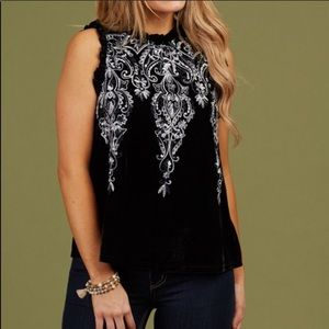 Black embroidered sleeveless velvet shirt